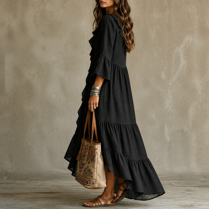 Cascada High-Low Ruffle V-Neck Bell Sleeve Dress - Elena Harper