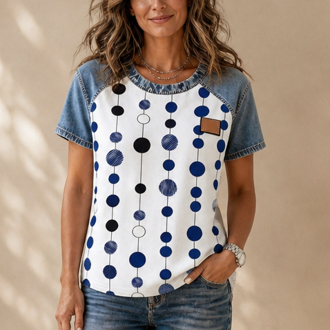 Denimelle Denim-Look Yoke Ribbed Color-Block Top - Elena Harper
