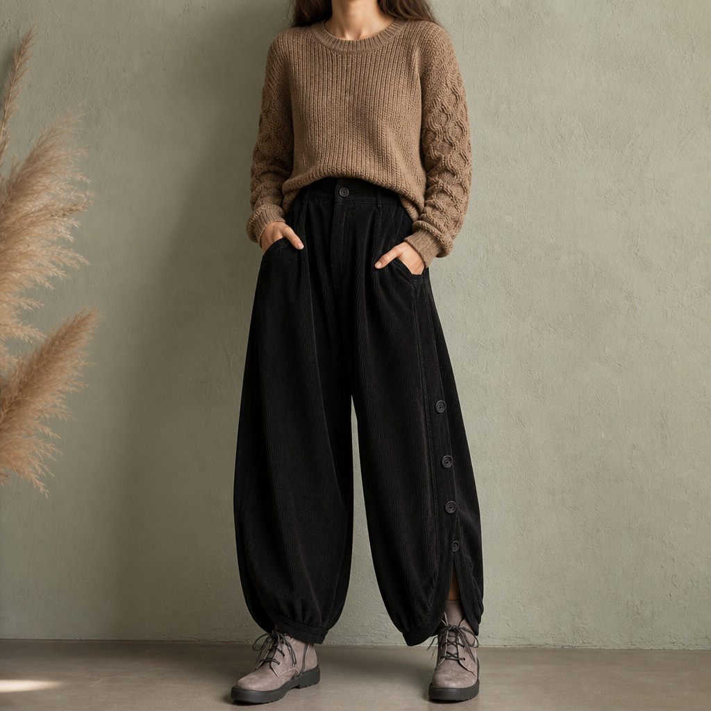 Cozelle Side-Button Barrel Leg Corduroy Pants - Elena Harper