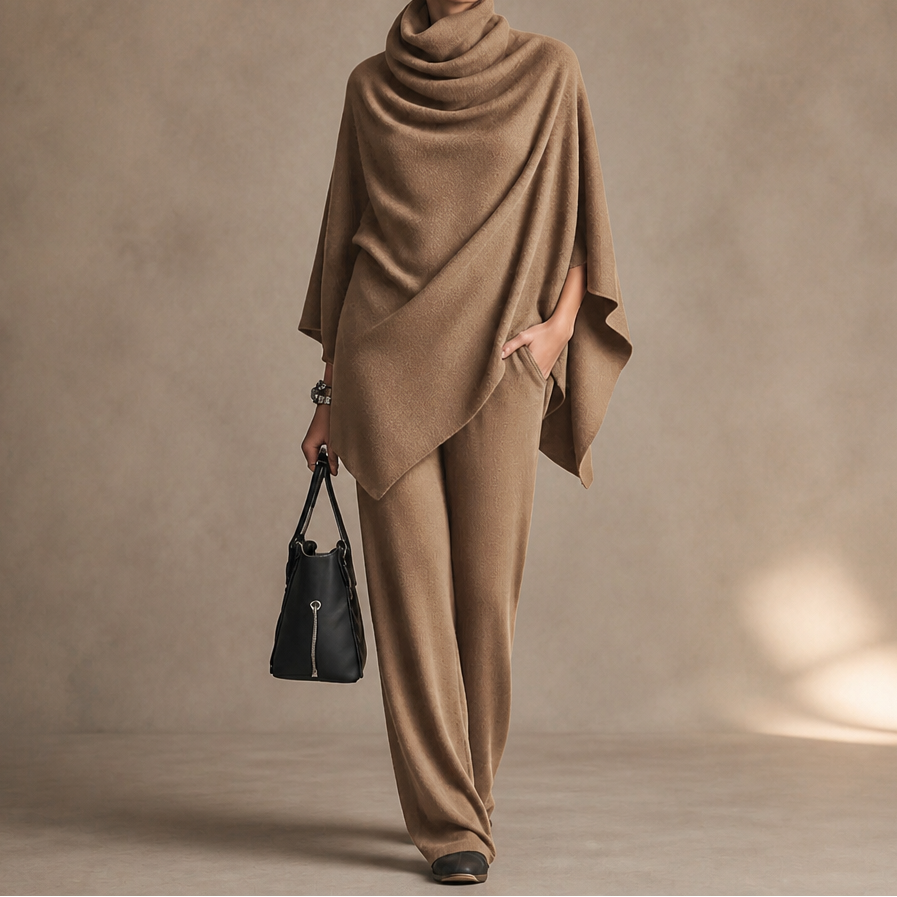 Draveil Cowl-Neck Cape Top And Wide-Leg Pants Set - Elena Harper
