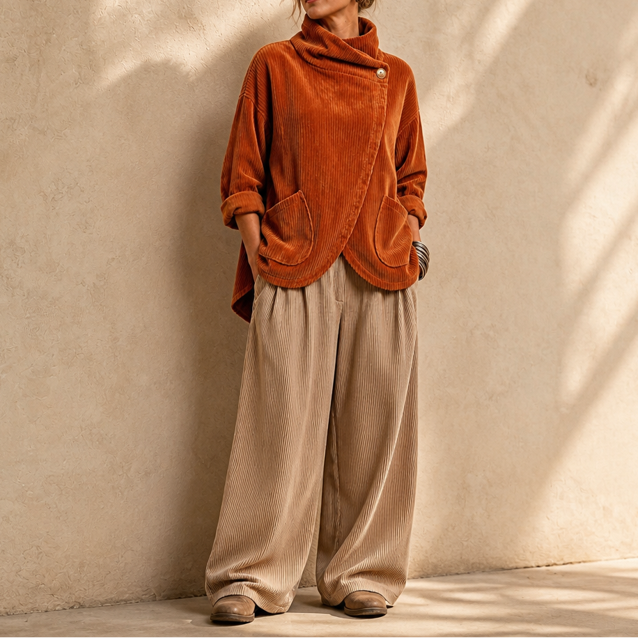 Draperly Asymmetric Hem Hooded Corduroy Poncho - Elena Harper