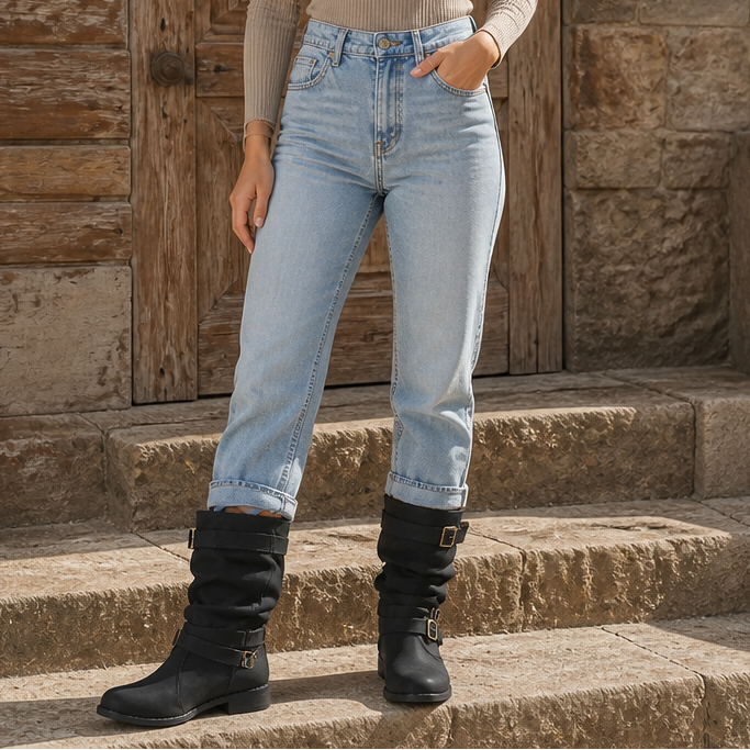 Bootara Slouchy Buckle Mid-Calf Boots - Elena Harper