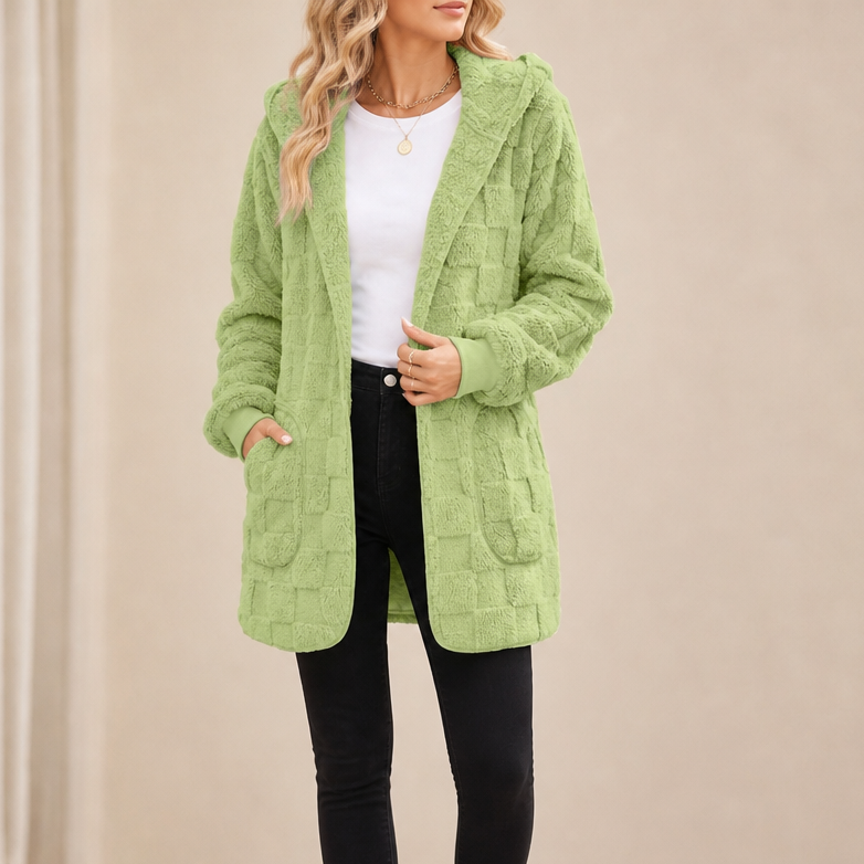 Checkora Fluffy Checked Open-Front Cardigan - Elena Harper
