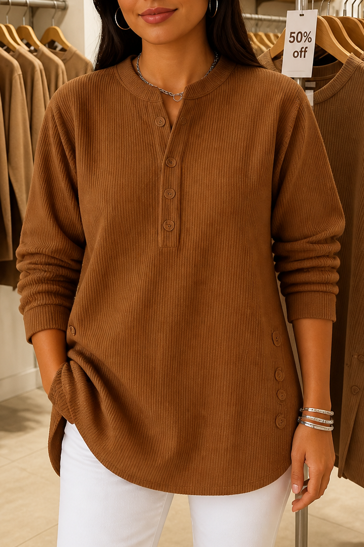 Corduvie Button-Up Corduroy-Look Henley Top - Elena Harper