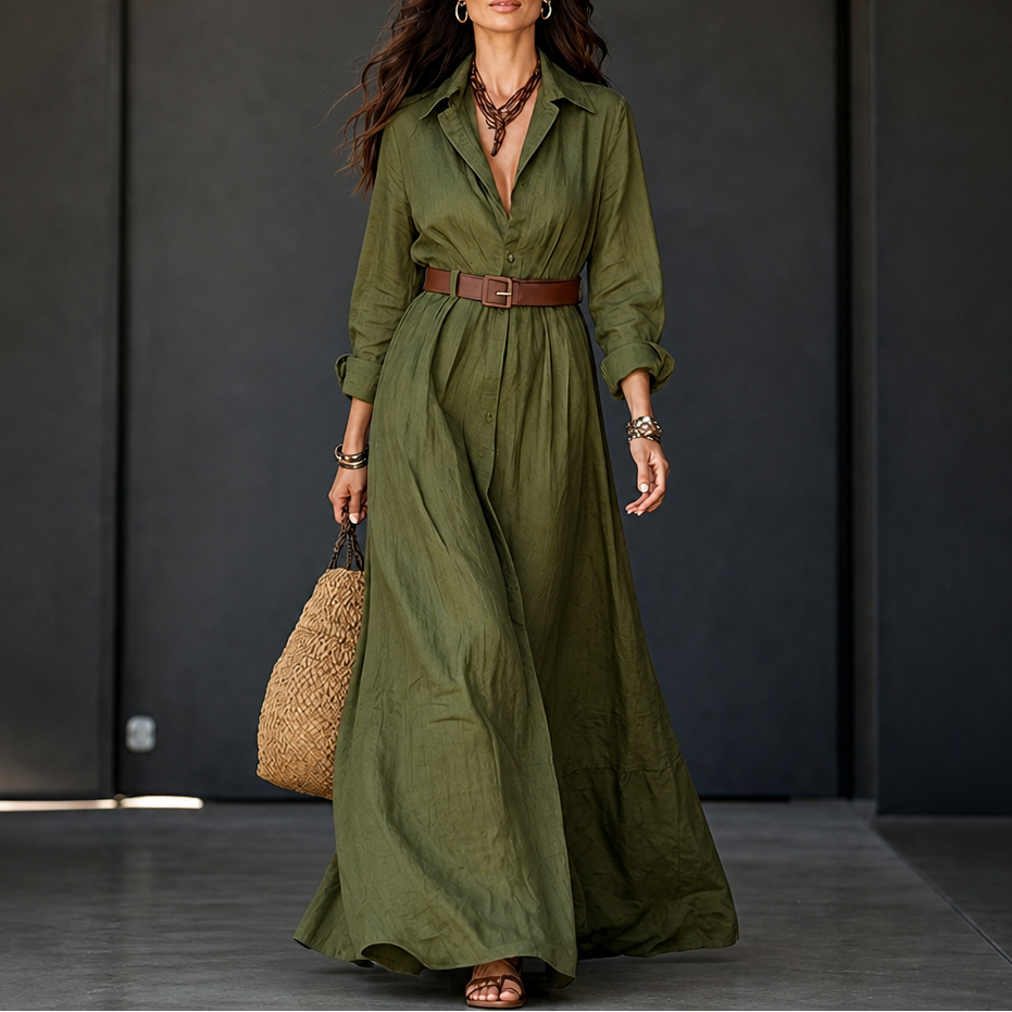 Beltelle – Long-Sleeve Belted Maxi Shirt Dress