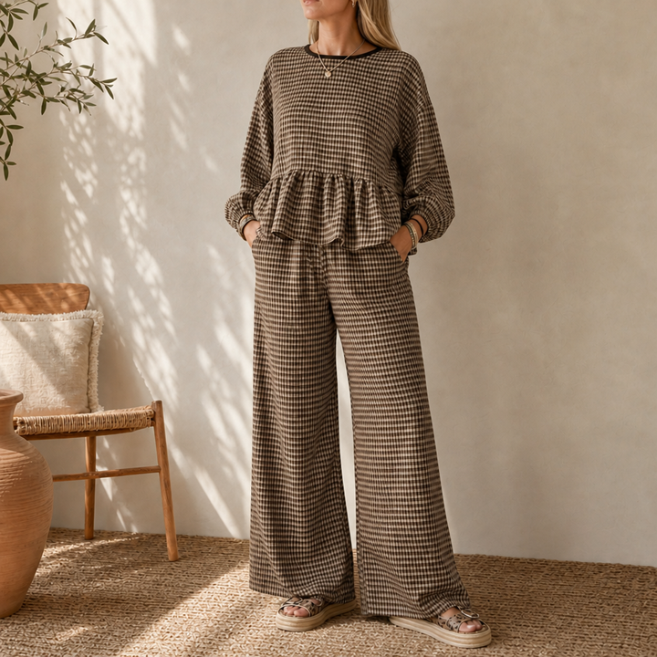 Elara Gingham Peplum Top And Wide-Leg Pants Set - Elena Harper