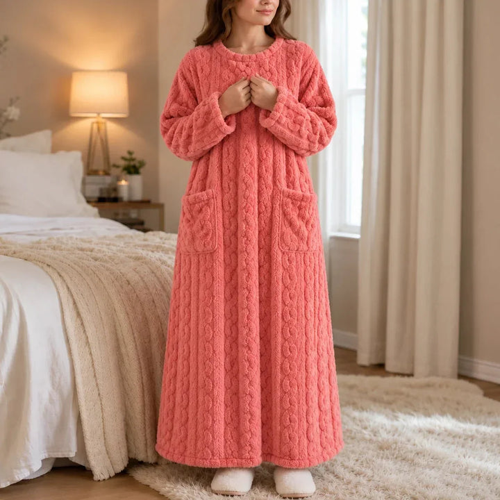 Coralhaven – Long Coral-Velvet-Look House Dress