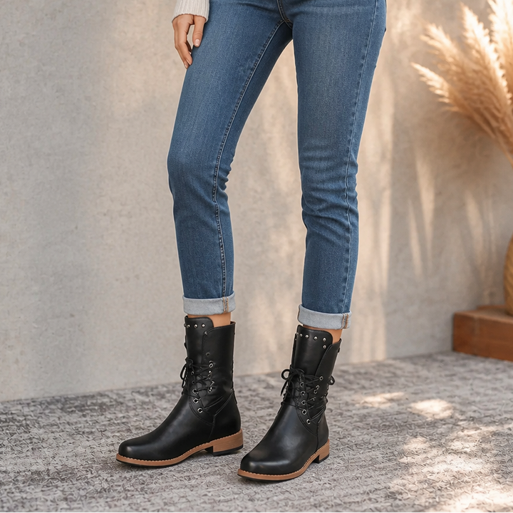 Calvera Adjustable Wrap-Lace Mid-Calf Combat Boots - Elena Harper