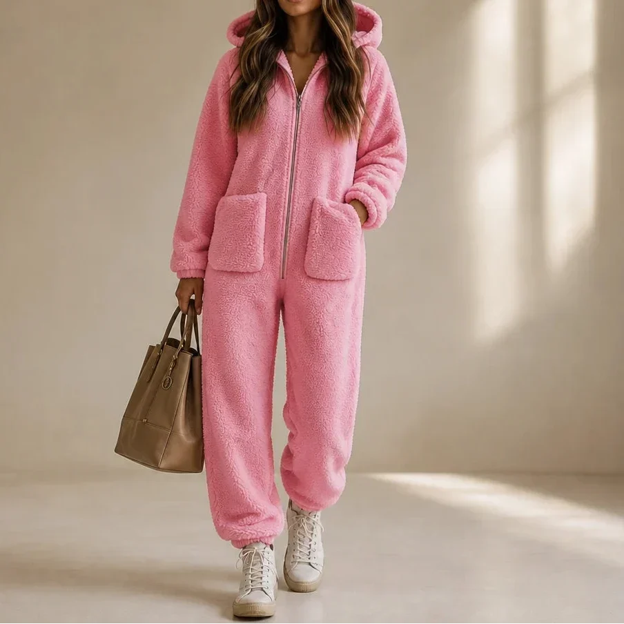 Cozyline Hooded Zip-Front Straight-Leg Jumpsuit - Elena Harper