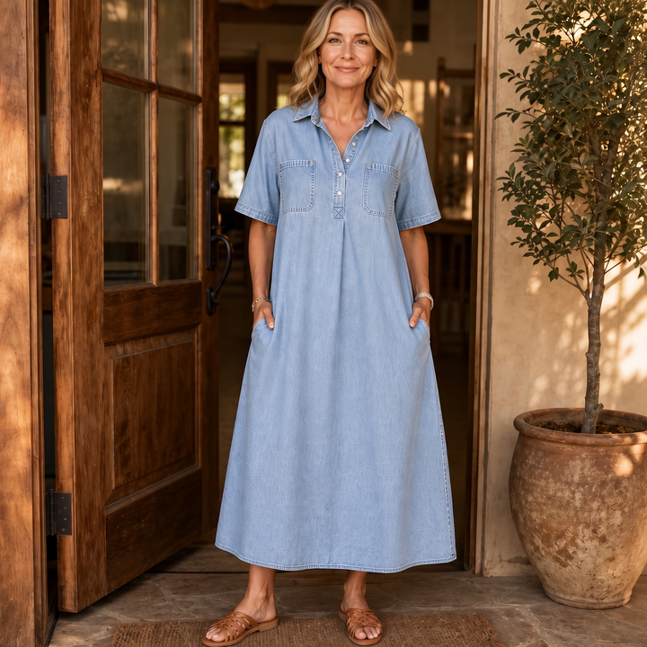 Easewell Lightweight Denim-Look Midi Shirt Dress - Elena Harper