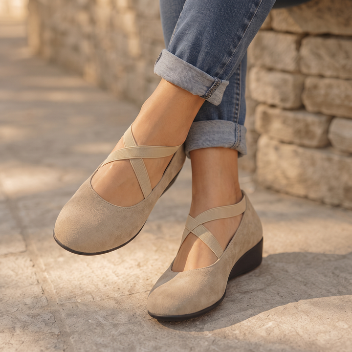 Elara Wedge Crisscross Elastic Strap Wedge Flats - Elena Harper