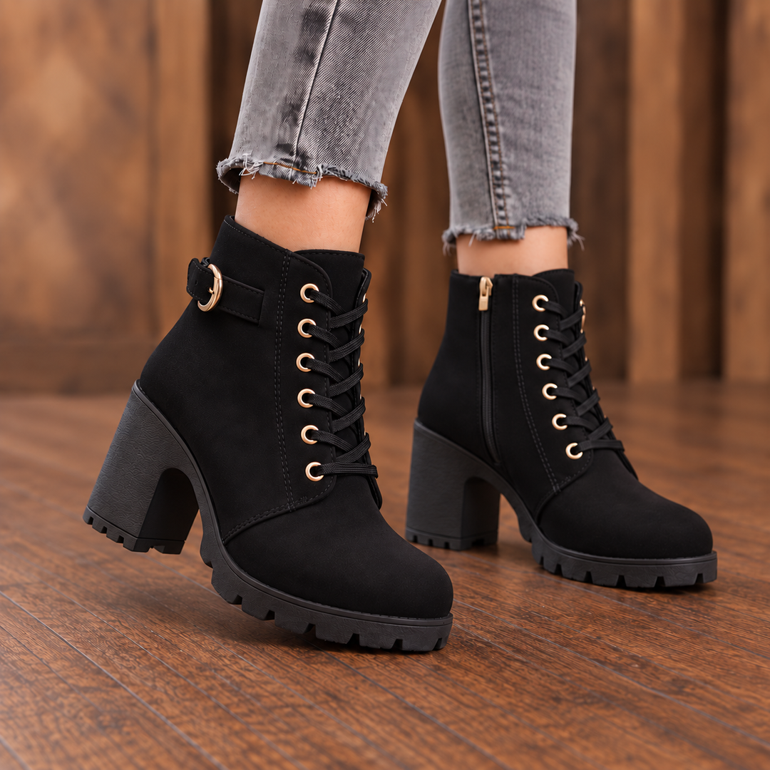Buckle & Bold Buckle Lace-Up Chunky Heel Ankle Boots - Elena Harper