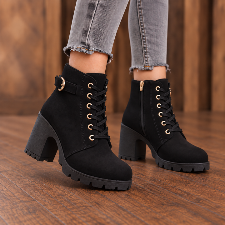Buckle & Bold Buckle Lace-Up Chunky Heel Ankle Boots - Elena Harper