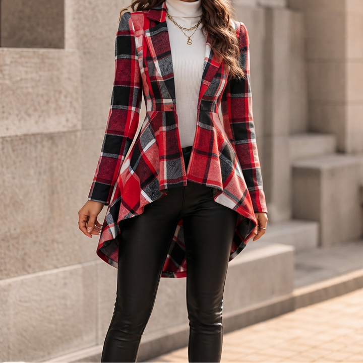 Cinchella Plaid High-Low Peplum Waist Coat - Elena Harper