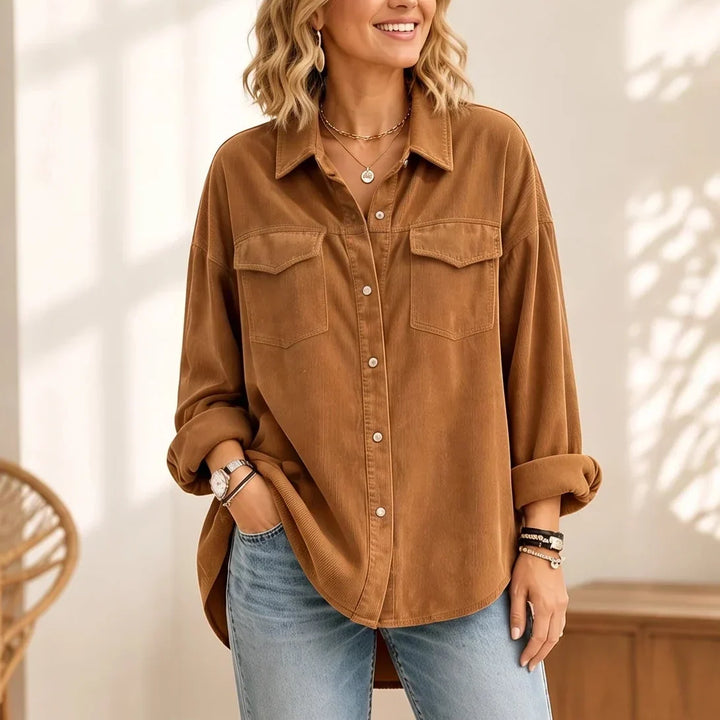 Cordelia Fine-Ribbed Corduroy-Look Button-Front Shirt - Elena Harper