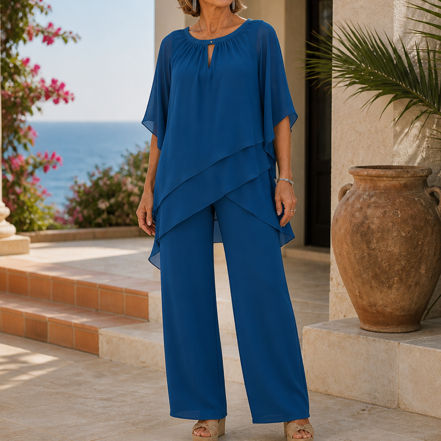 Draperie Asymmetric Chiffon-Overlay Wide-Leg Trouser Set - Elena Harper