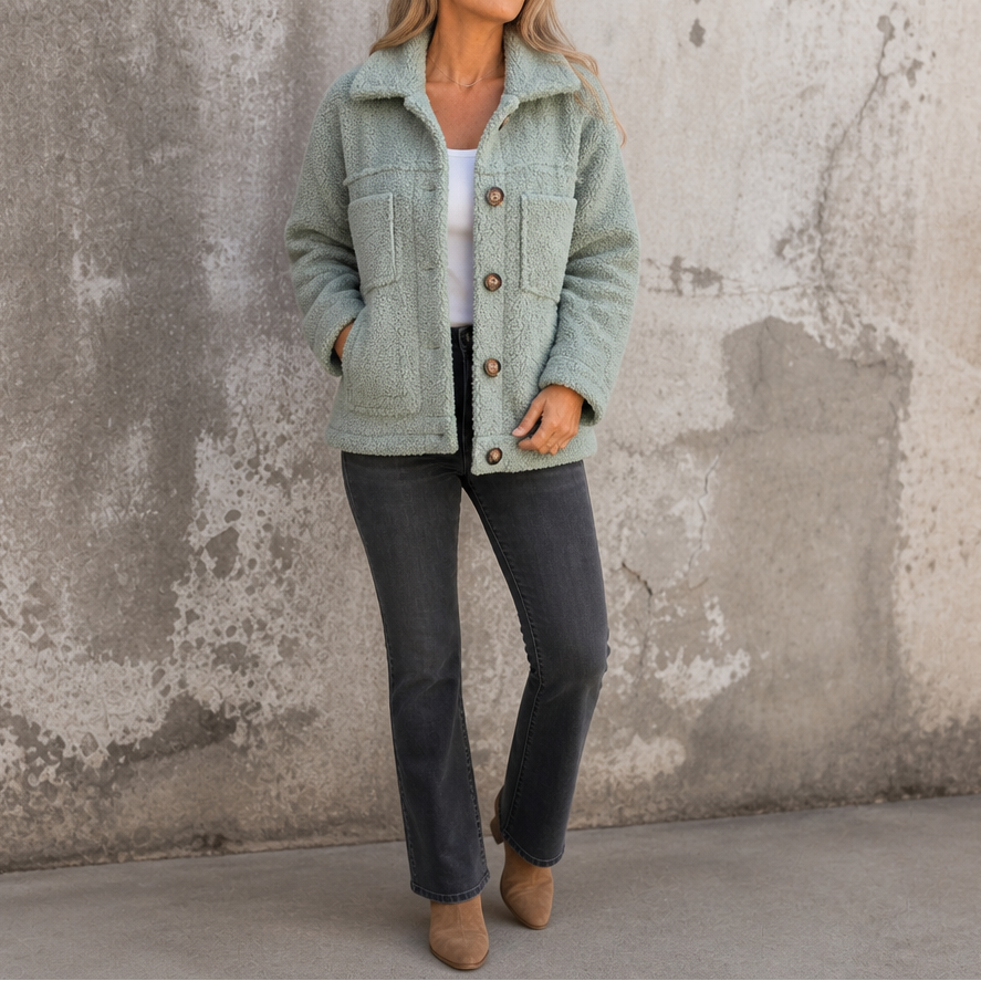 Ariane Curly Faux-Fur Button-Front Jacket - Elena Harper
