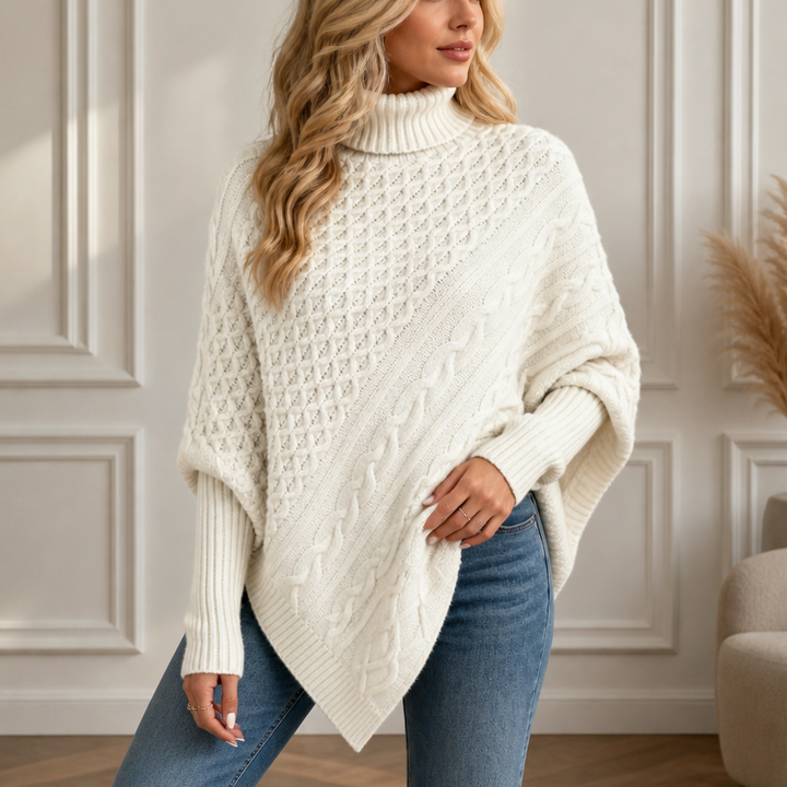 Cablelle Asymmetric Cable-Knit Turtleneck Poncho - Elena Harper