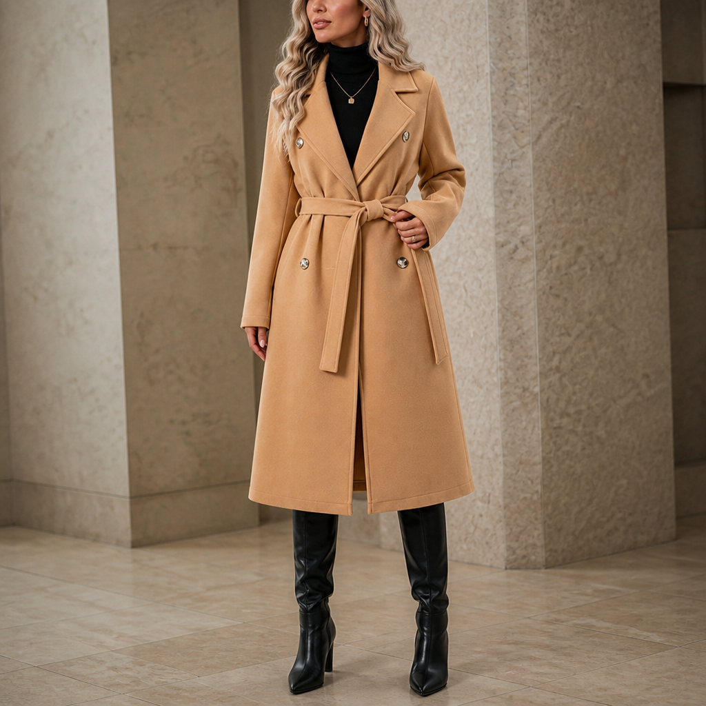Belted Belle Double-Breasted Belted Long Coat - Elena Harper