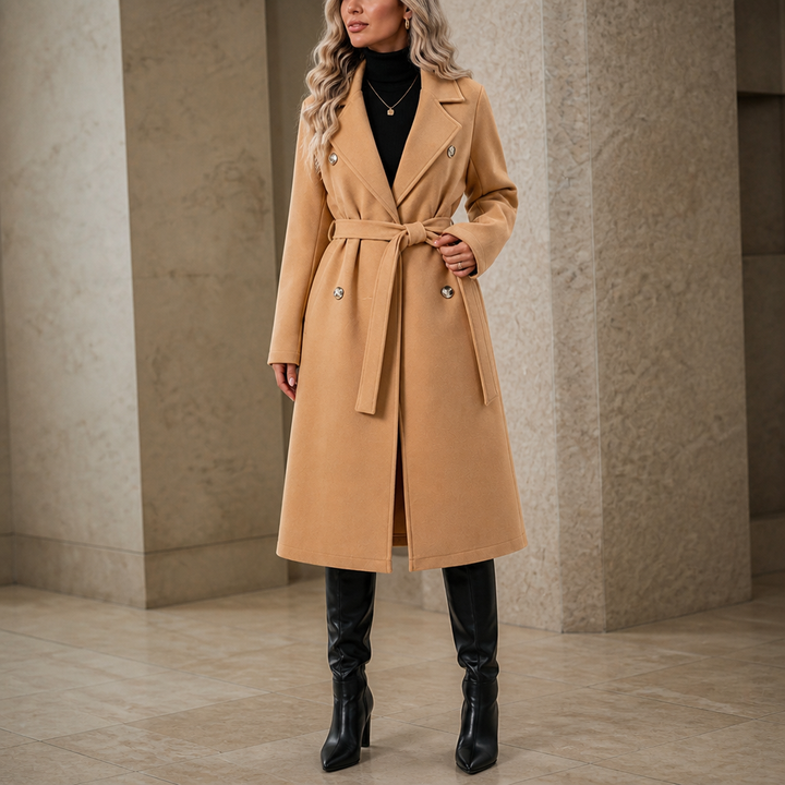Belted Belle Double-Breasted Belted Long Coat - Elena Harper