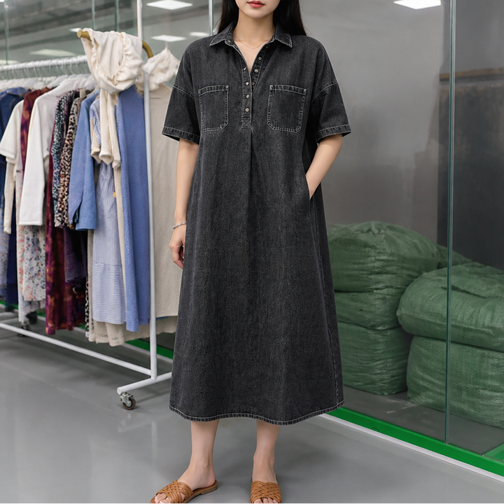 Denimly Pocketed Shirt Collar Denim Midi Dress - Elena Harper