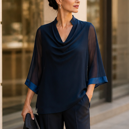 Cowlora – Cowl Neck Sheer Sleeve Asymmetrical Blouse