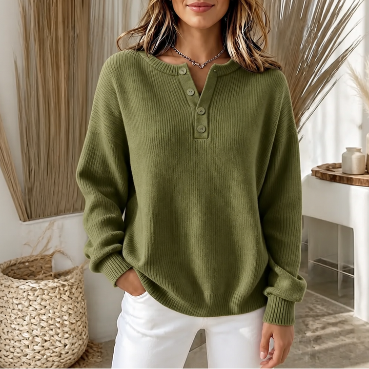 Buttonelle Ribbed Henley Button-Front Sweater - Elena Harper