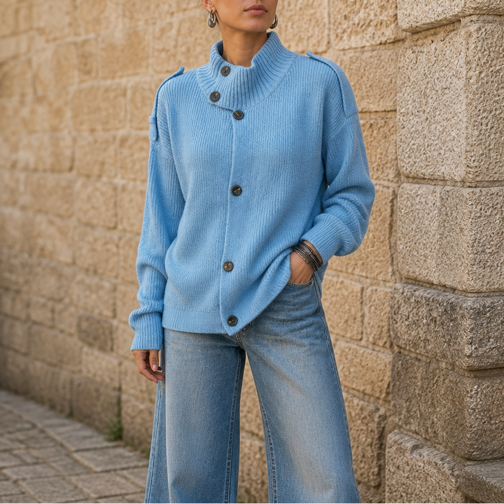 Diavelle Diagonal Button High-Collar Knit Cardigan - Elena Harper