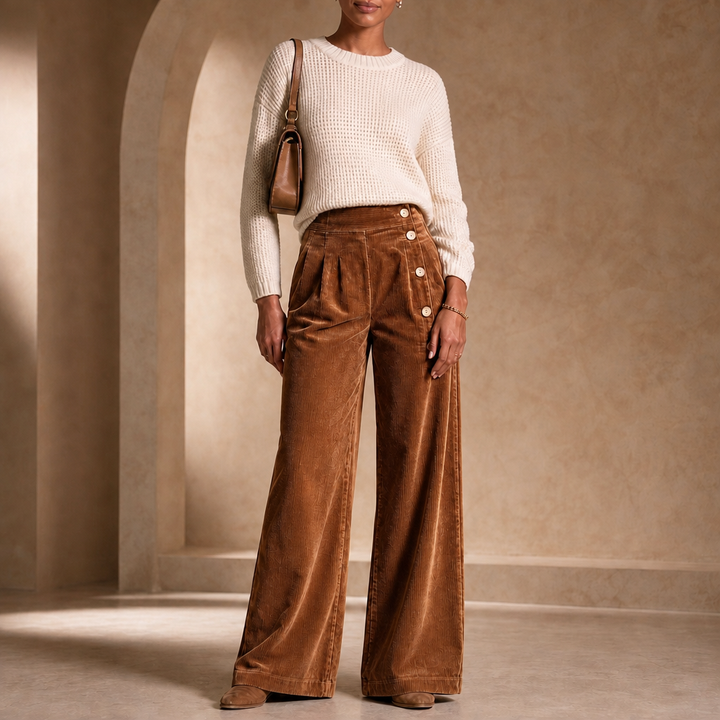 Cordelle Asymmetrical Button-Front Pleated Wide-Leg Pants - Elena Harper