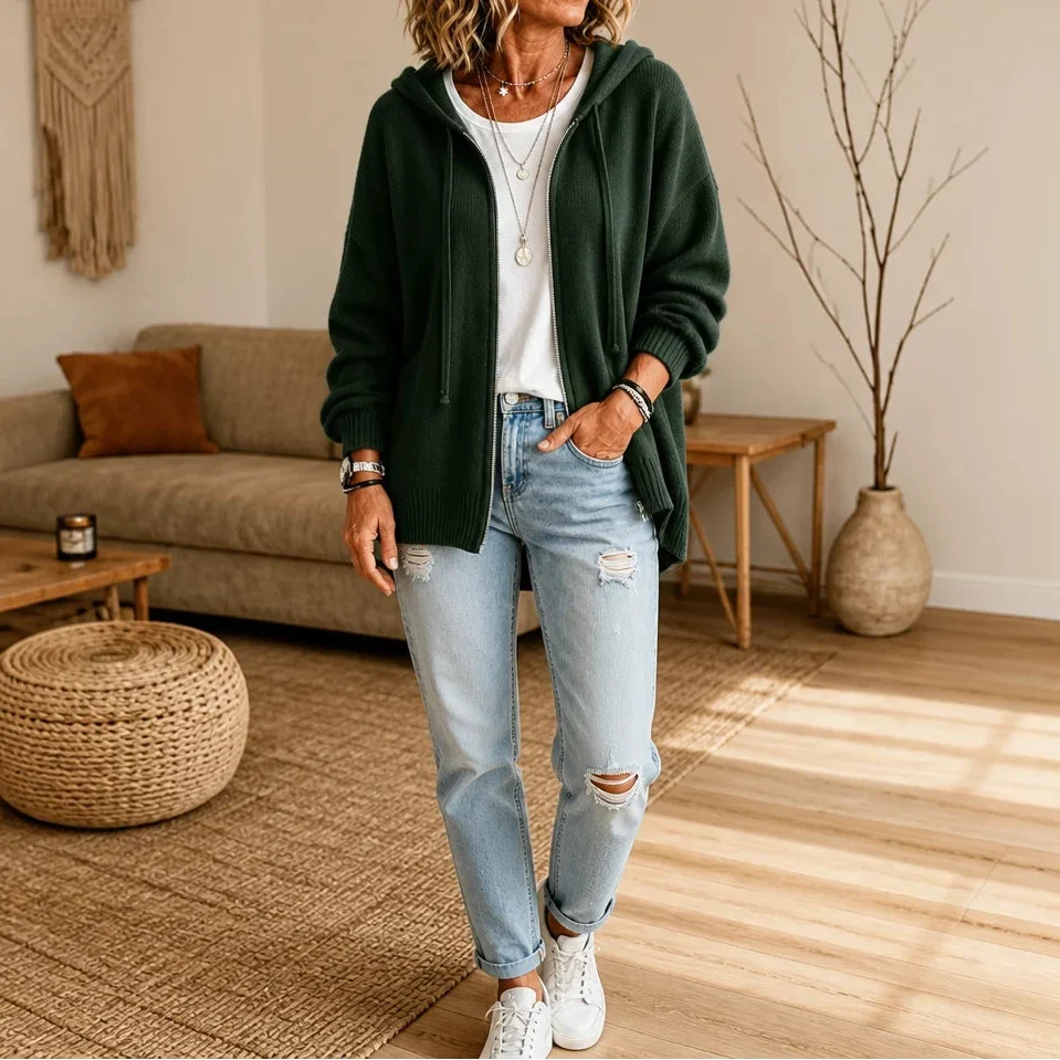 Cozyline Zip-Front Hooded Knit Cardigan - Elena Harper