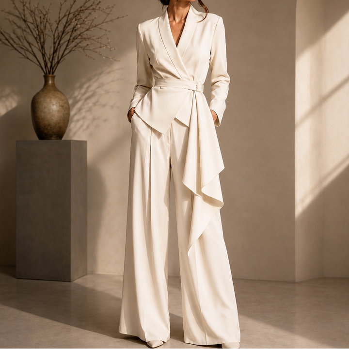 Drapevera Buckle-Belted Wrap Blazer And Wide-Leg Trouser Set - Elena Harper
