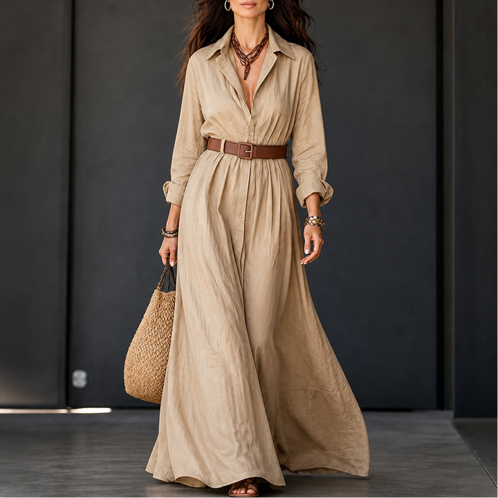 Beltelle – Long-Sleeve Belted Maxi Shirt Dress