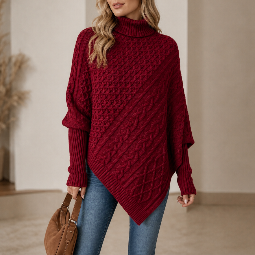 Cable & Cove Cable-Knit Turtleneck Poncho Sweater - Elena Harper