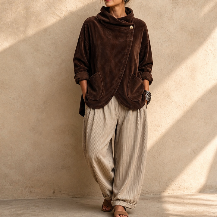 Draperly Asymmetric Hem Hooded Corduroy Poncho - Elena Harper