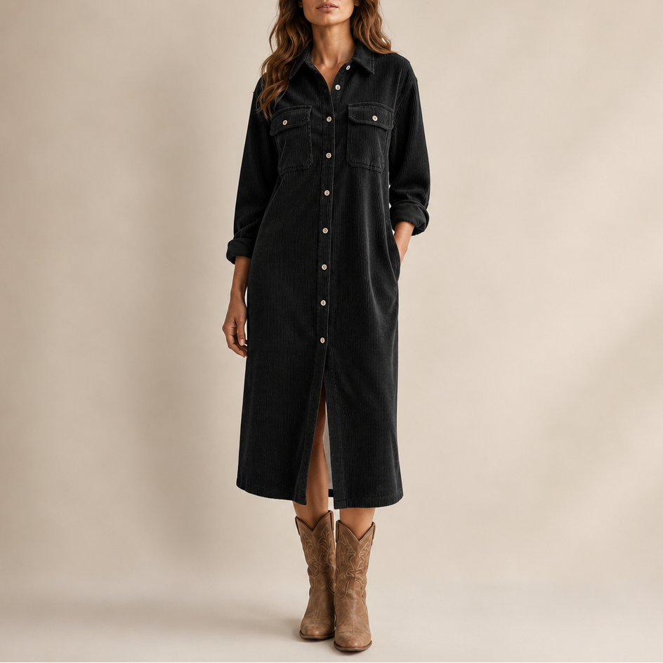 Corvella Ribbed Corduroy Button-Front Shirt Dress - Elena Harper