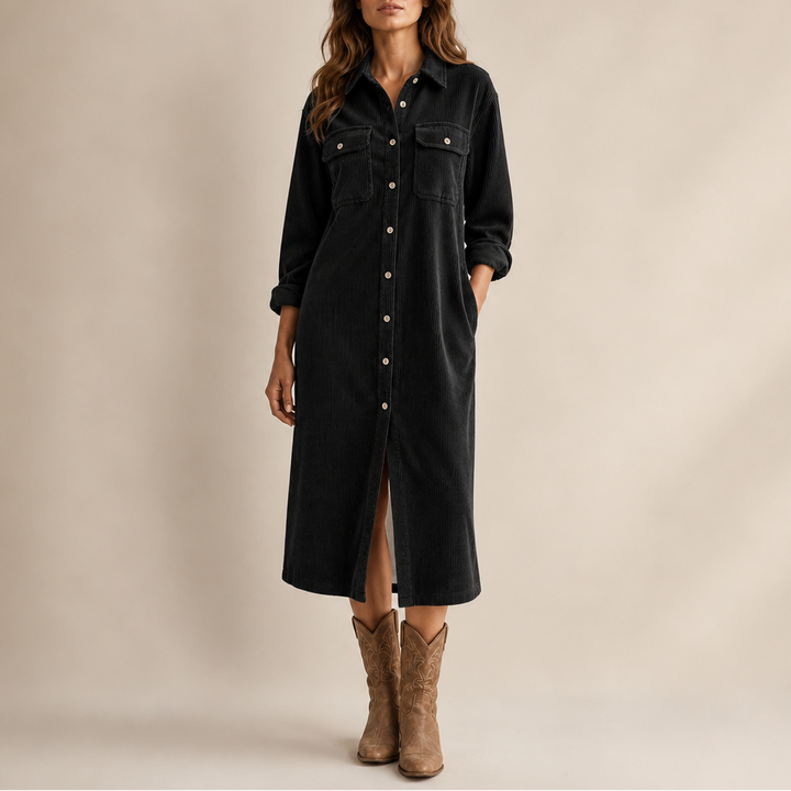 Corvella Ribbed Corduroy Button-Front Shirt Dress - Elena Harper
