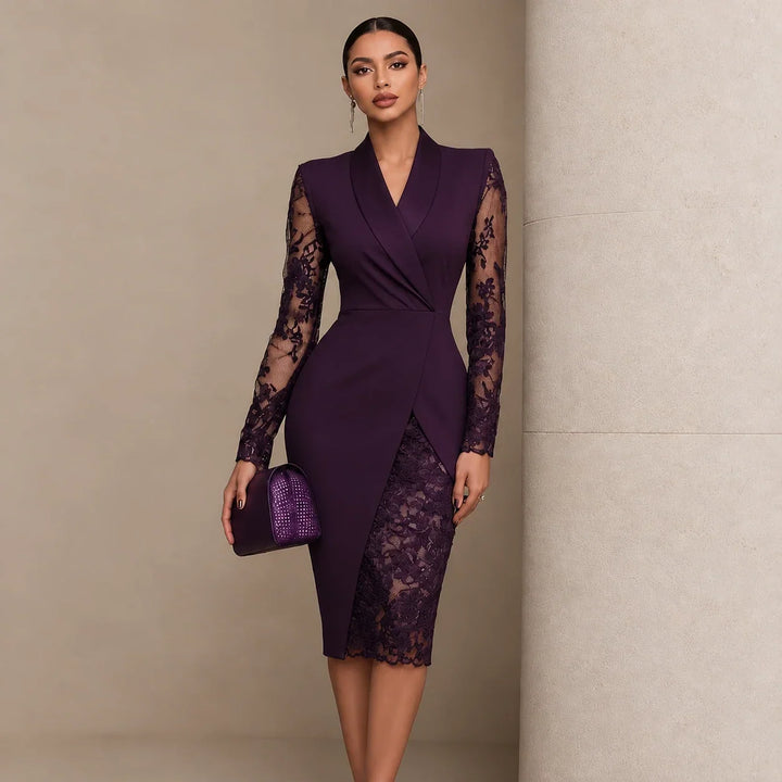 Belleform Lace-Sleeve Blazer-Wrap Asymmetric Hem Dress - Elena Harper