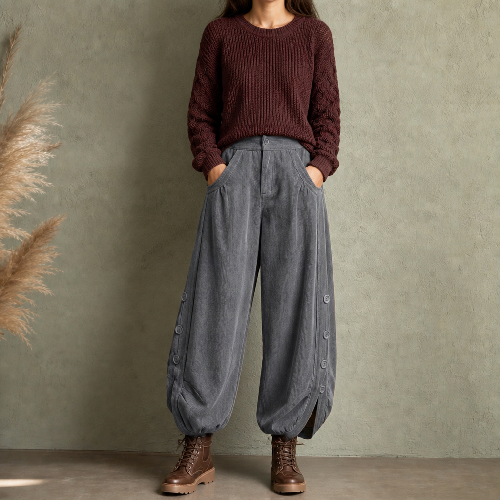 Cozelle Side-Button Barrel Leg Corduroy Pants - Elena Harper
