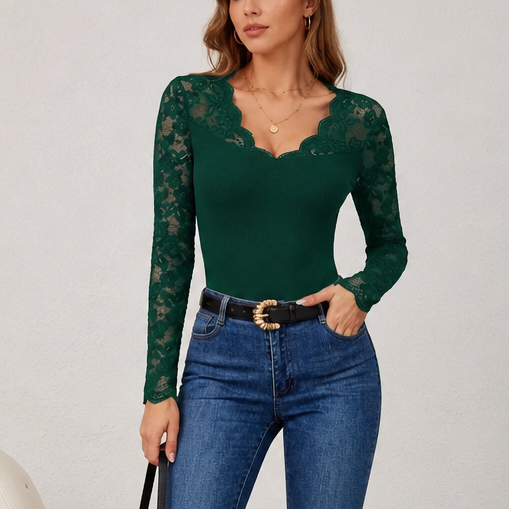 Curvella Ribbed Scallop Lace-Look Trim Fitted Top - Elena Harper