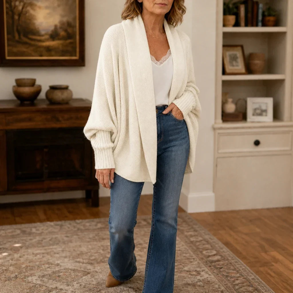 Drapeelle – Crochet-Look Open-Front Batwing Cardigan