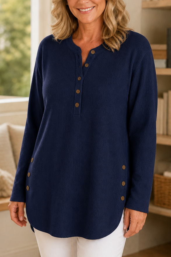 Corduvie Button-Up Corduroy-Look Henley Top - Elena Harper