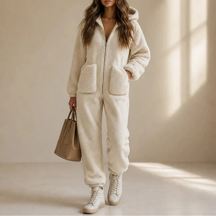 Cozyline Hooded Zip-Front Straight-Leg Jumpsuit - Elena Harper