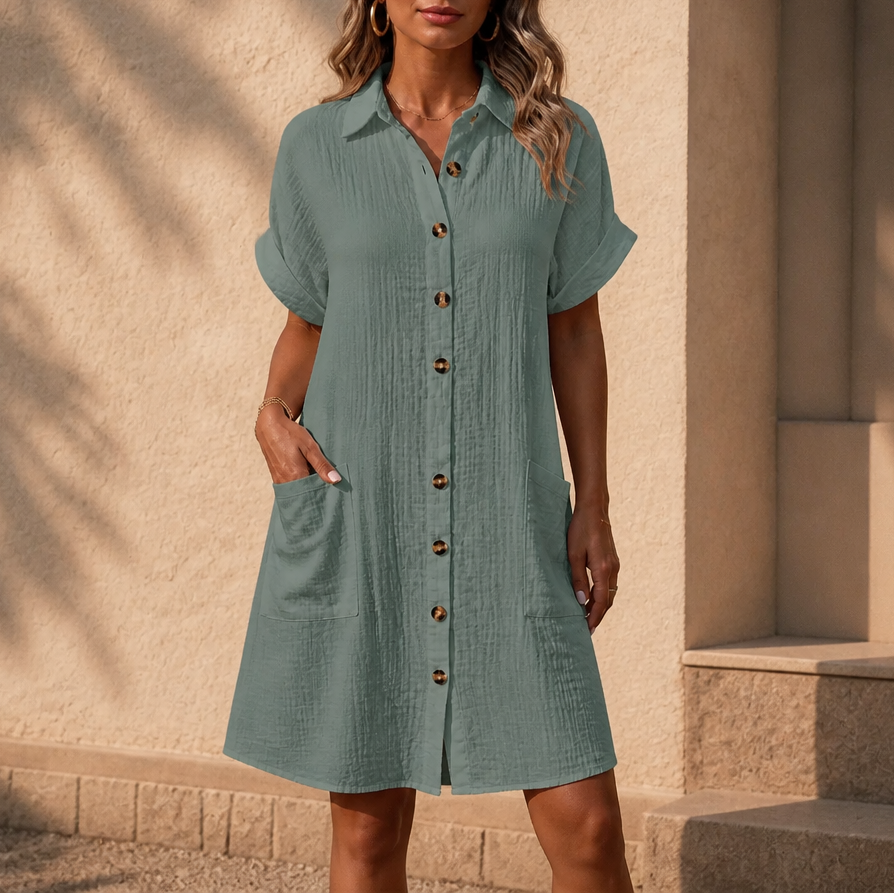 Daywear Buttoned Short Sleeve Pocket Shirt Dress - Elena Harper