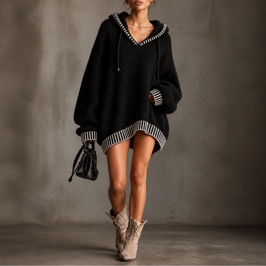 Cowlane – Contrast-Trim Hooded Sweater Dress