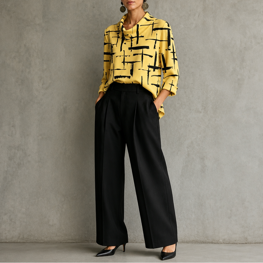 Cowlina Cross-Print Cowl-Neck 3/4-Sleeve Blouse - Elena Harper