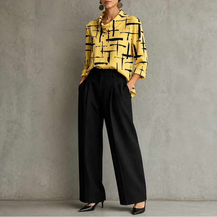 Cowlina Cross-Print Cowl-Neck 3/4-Sleeve Blouse - Elena Harper