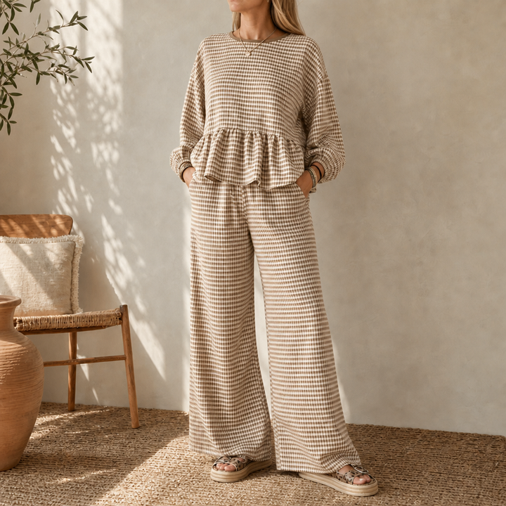 Elara Gingham Peplum Top And Wide-Leg Pants Set - Elena Harper