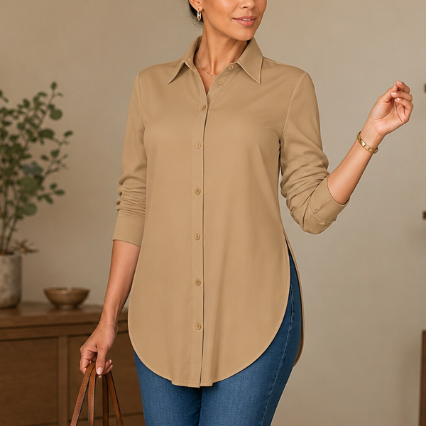 Elara Curve Curved-Hem Stretch Button-Front Shirt - Elena Harper