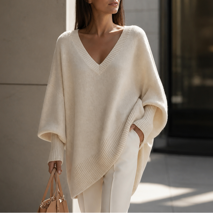 Autumna Oversized V-Neck Puff Sleeve Sweater - Elena Harper