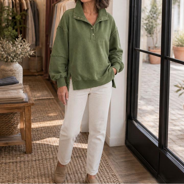 Draperie Raw-Edge Split-Cuff Snap Placket Henley - Elena Harper